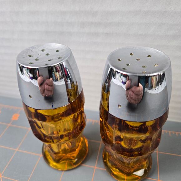 MCM Anchor Hocking Amber Salt and Pepper Shakers Chrome Color Top Classic - Picture 2 of 7